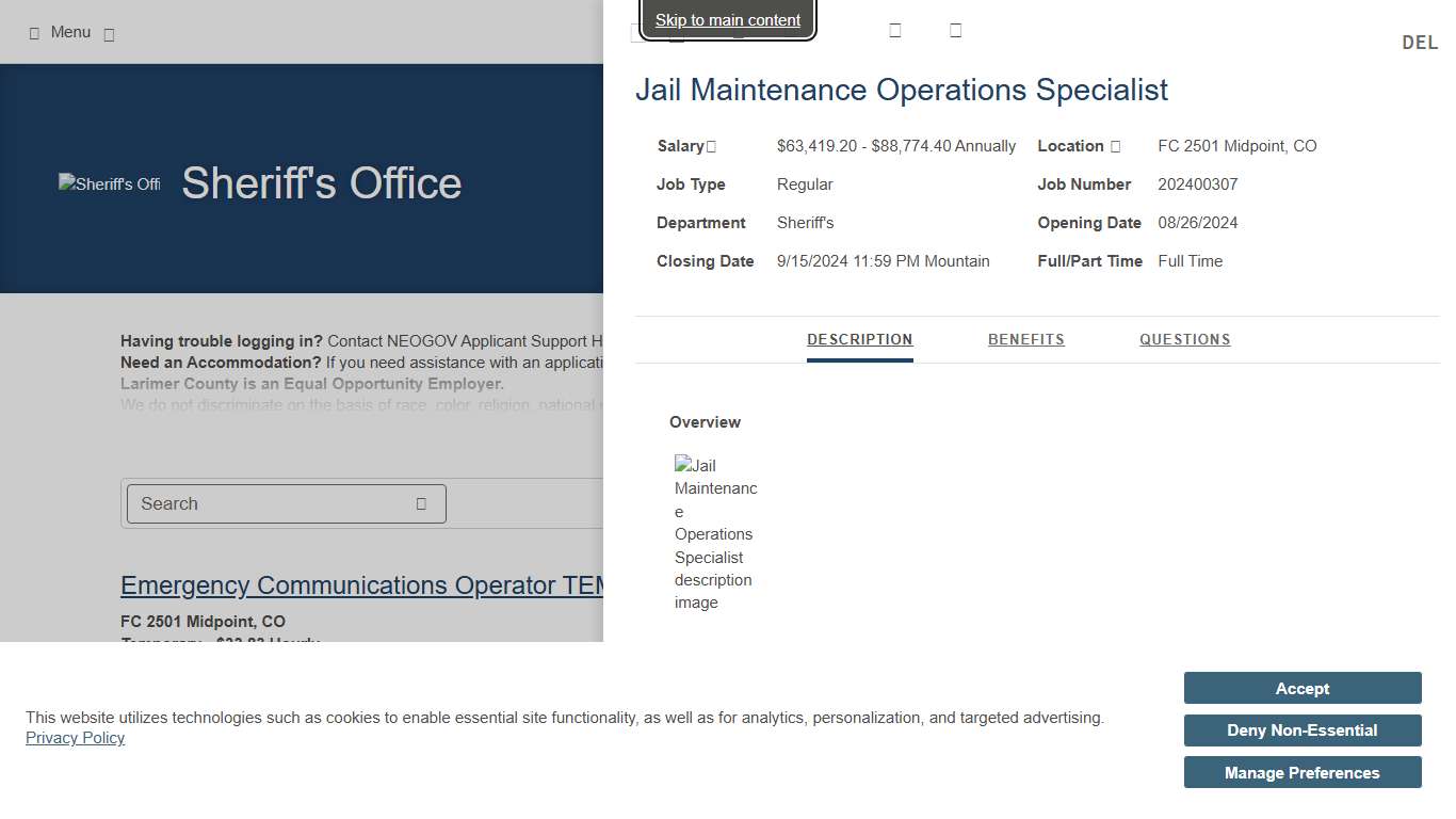 Larimer County Job Opportunities Departments: Sheriff's Sorted by Posting Date descending Sheriff's Office